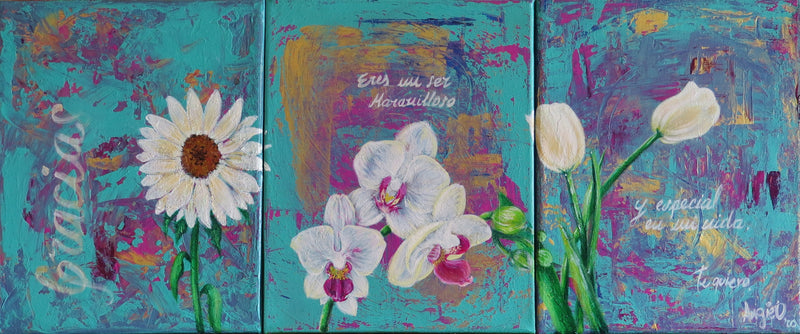 A three-panel canvas painting set. The artwork features a turquoise background with expressive brushstrokes and painted floral motifs, including a white daisy on the left panel, white orchids in the center, and white tulips on the right, each with Spanish text written on it.