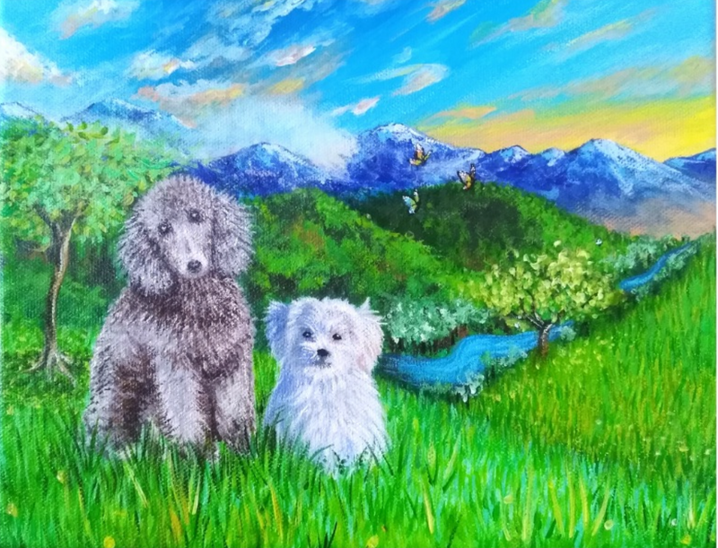 A colorful painted landscape showing two dogs sitting in a grassy field with mountains, trees, and a blue sky in the background.