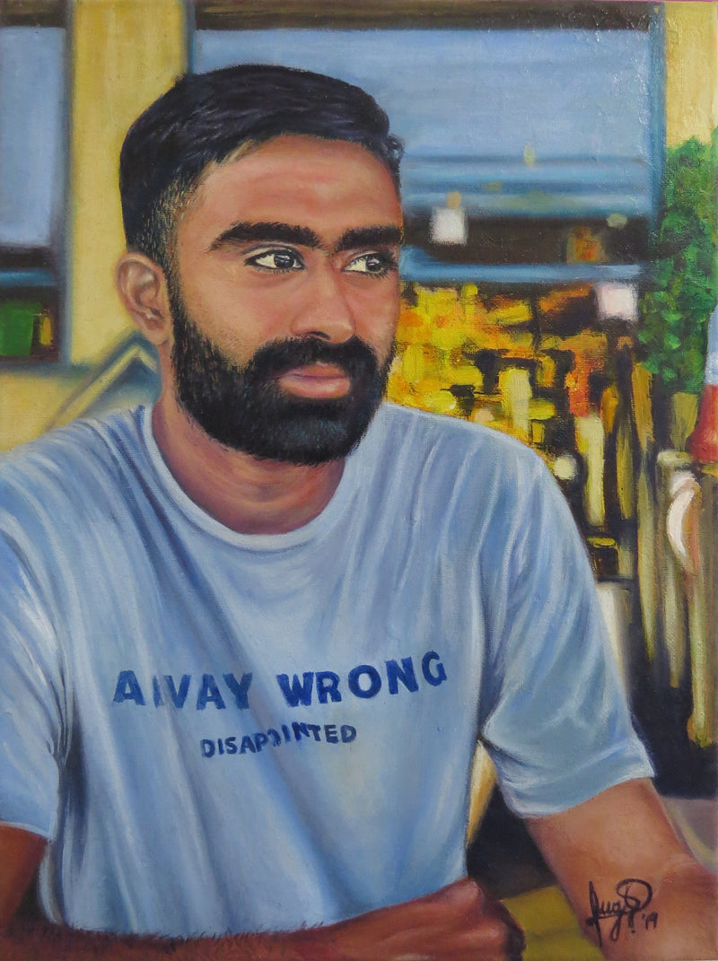 Artistic depiction of a person wearing a shirt with text, set against a colorful background.